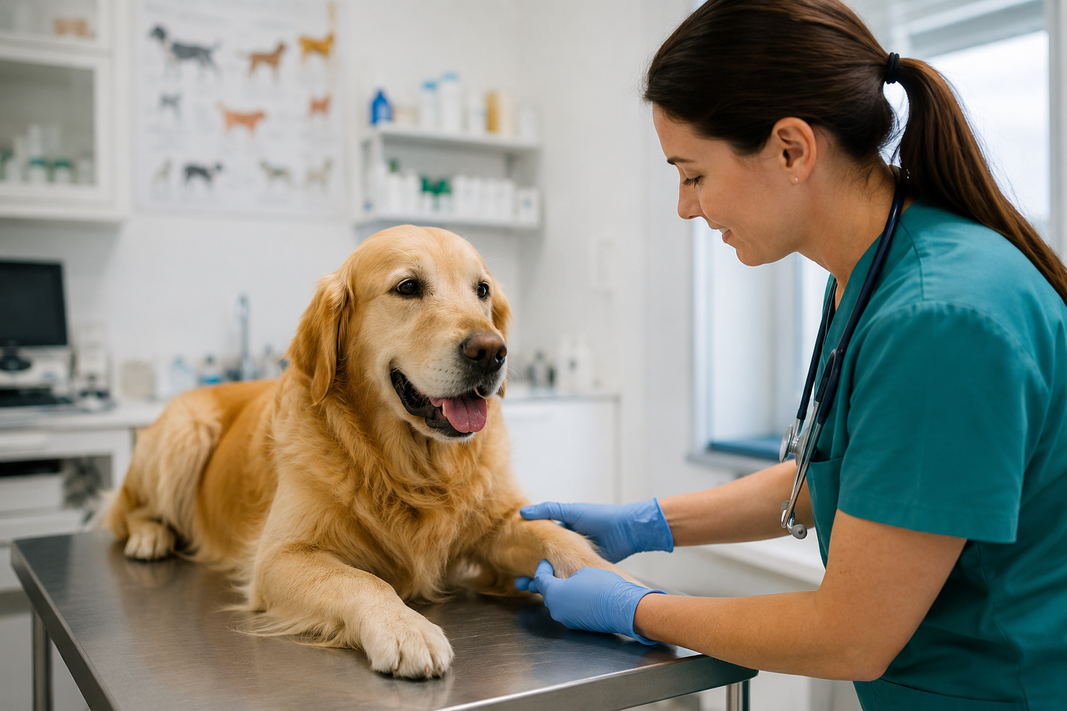 Veterinaria examinando a un golden retriever en consulta